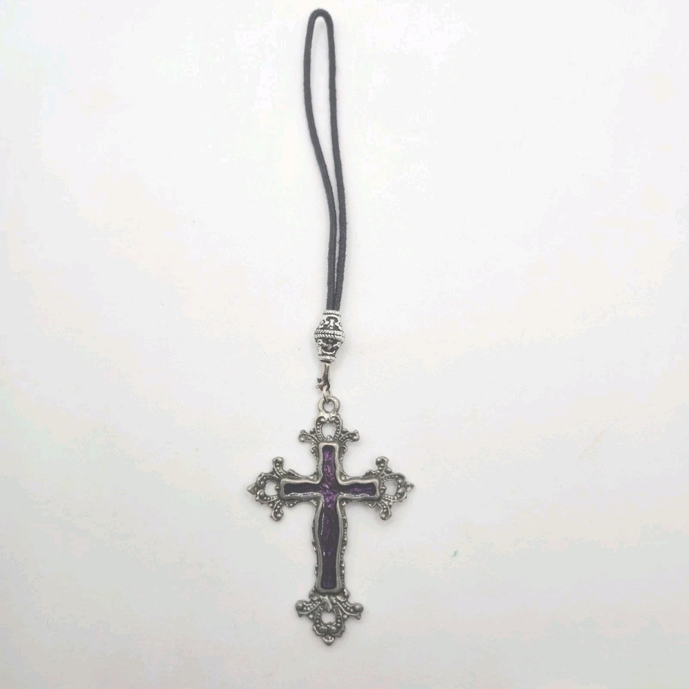 Purple Enamel Gothic Cross Pendant Necklace Black Cord Silver Tone Ornate